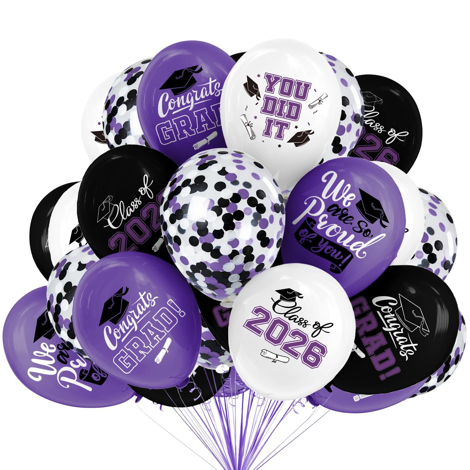 Photo 1 of 2026 Purple & Black Graduation Decorations Set - 63Pcs Graduation Grad Latex Balloons with Ribbons, Congrats Grad Caps for College & High School Party Supplies
