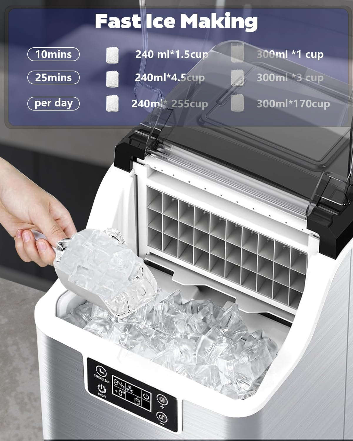 Kndko Ice Makers Countertop, 45Lbs/Day, 2 Ways to Add Water, Countertop Ice Maker, 24 Pcs Ready in 13 Mins, Self Cleaning Ice Maker, 24H Timer, Perfect for Home Bar RV, Stainless Steel Ice Maker on Fridge.com