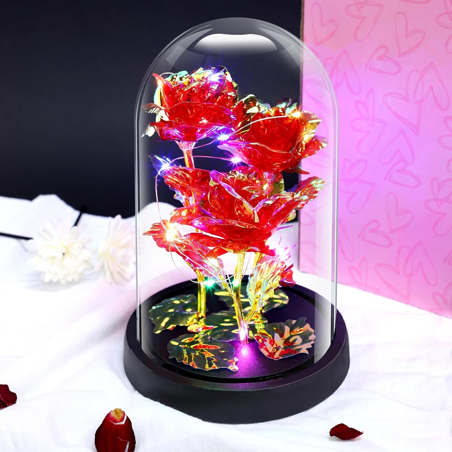 Galaxy Rose In Glass Dome With LED Light - Eternal Forever Flower Gift For Mom, Wife, Birthday & Anniversary