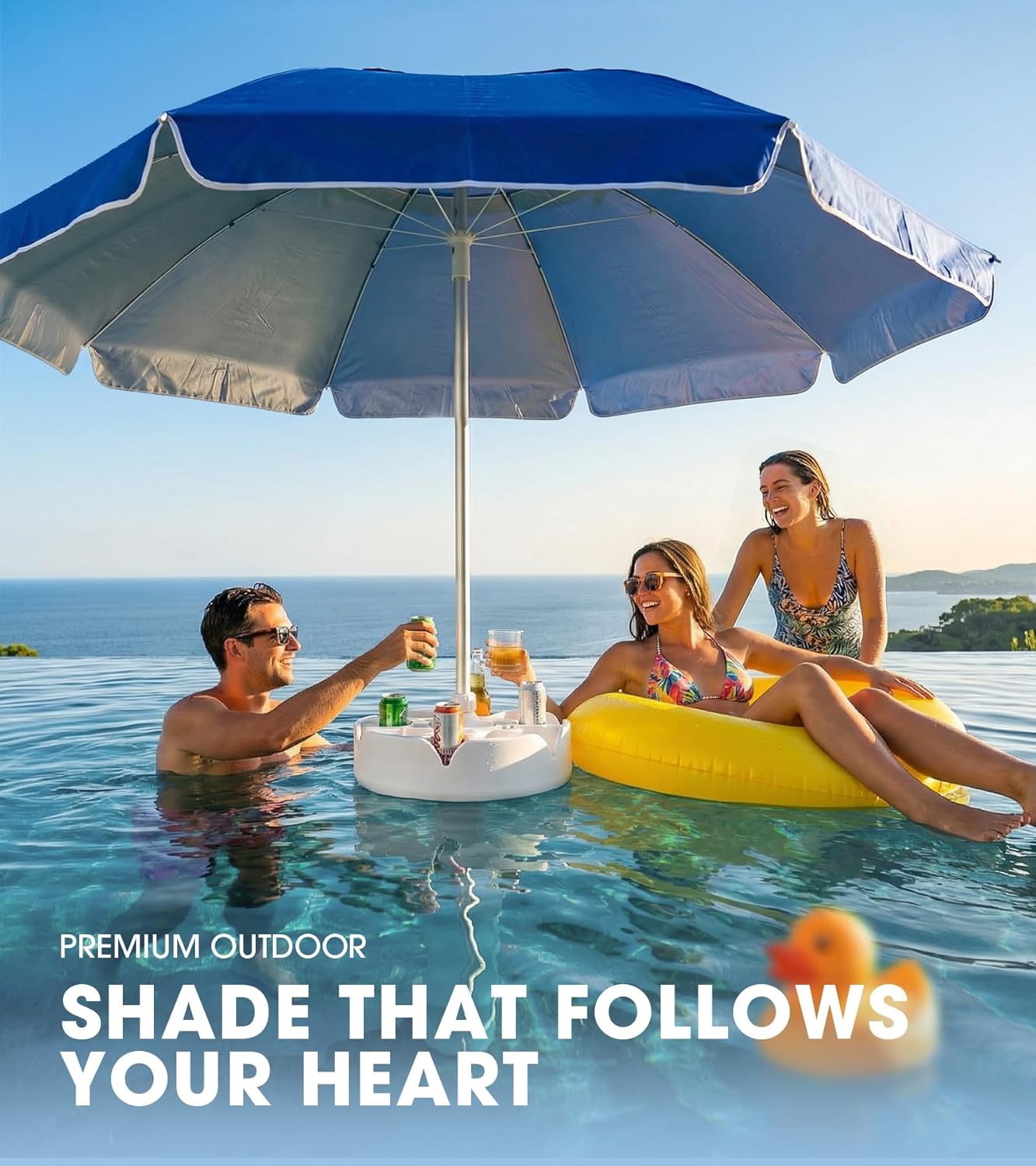 PASAMIC 7FT Floating Table Umbrella with Base & Cup Holder, Portable Pool Umbrella for Inside of Pool, Floating Poolside Shade Include Easy Carry Bag for Swimming Area, Beach, Lake House, Dark Blue