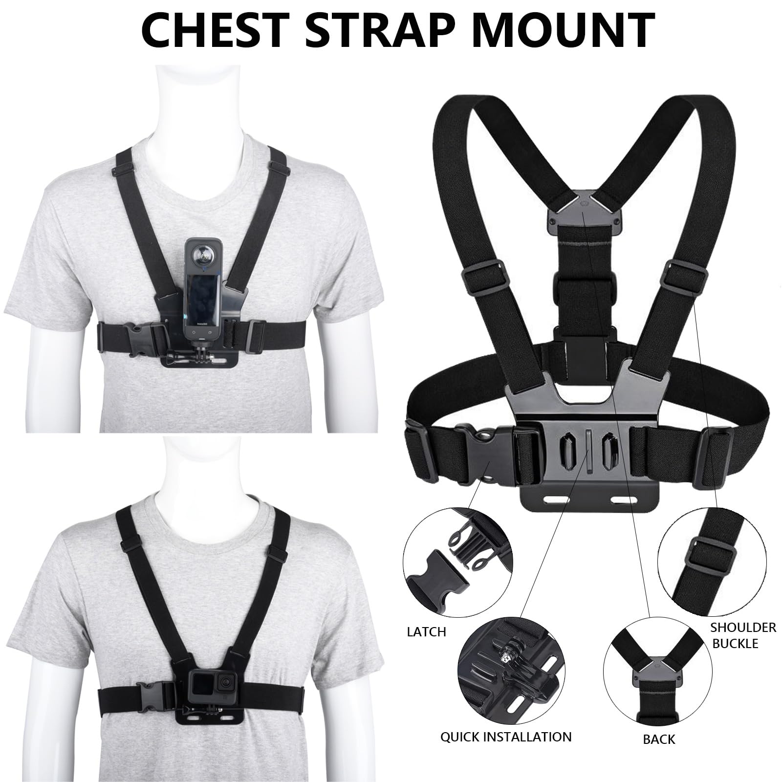 10 Piezas Accesorios Action Camera para Insta360 X5 X4 X3 Ace Pro,Soporte movil Pecho,Correa para la Cabeza y muñeca,Mochila Clip y Tapa de Lente de Silicona Compatible con GoPro Hero,Negro