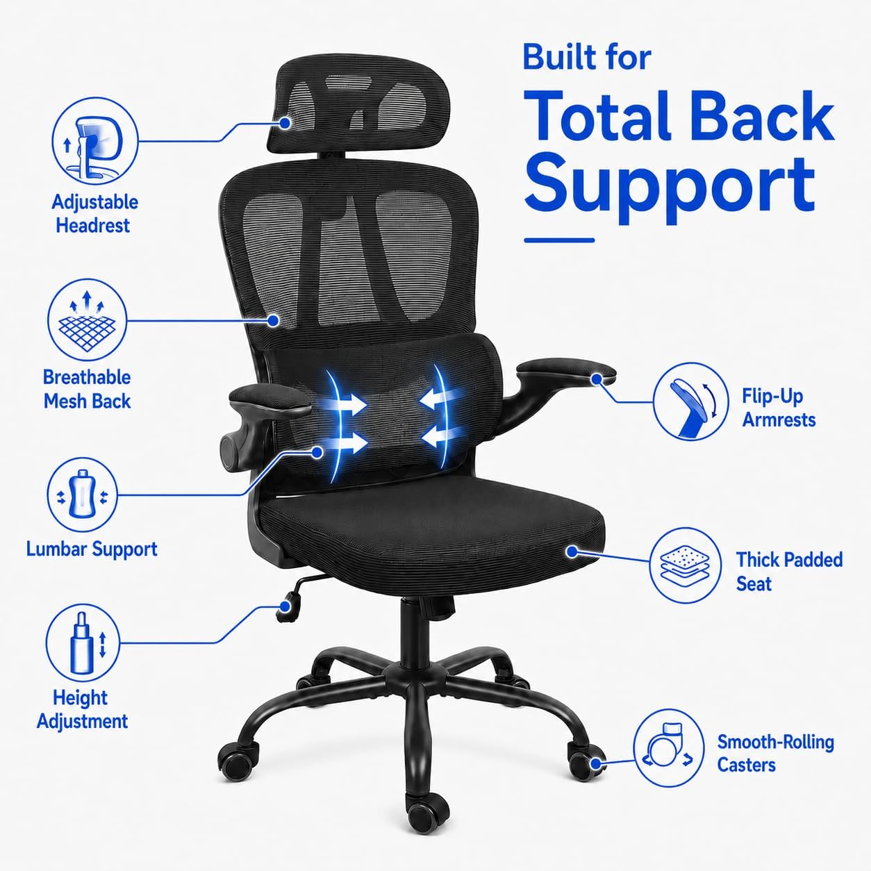 Ergonomic Mesh Office Chair, Headrest, Lumbar Support, Flip-up Arms