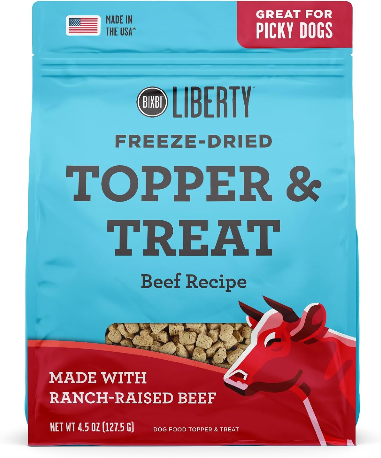 BIXBI Liberty Freeze Dried Dog Food Topper + Dog Treat, Beef Recipe, 4.5 oz – 98% Meat and Organs, No Fillers – Pantry-Friendly Raw Treat or Food Topper – USA Made in Small Batches BIXBI Liberty Freeze Dried Dog Food Topper + Dog Treat, Beef Recipe, 4.5 oz – 98% Meat and Organs, No Fillers – Pantry-Friendly Raw Treat or Food Topper – USA Made in Small Batches