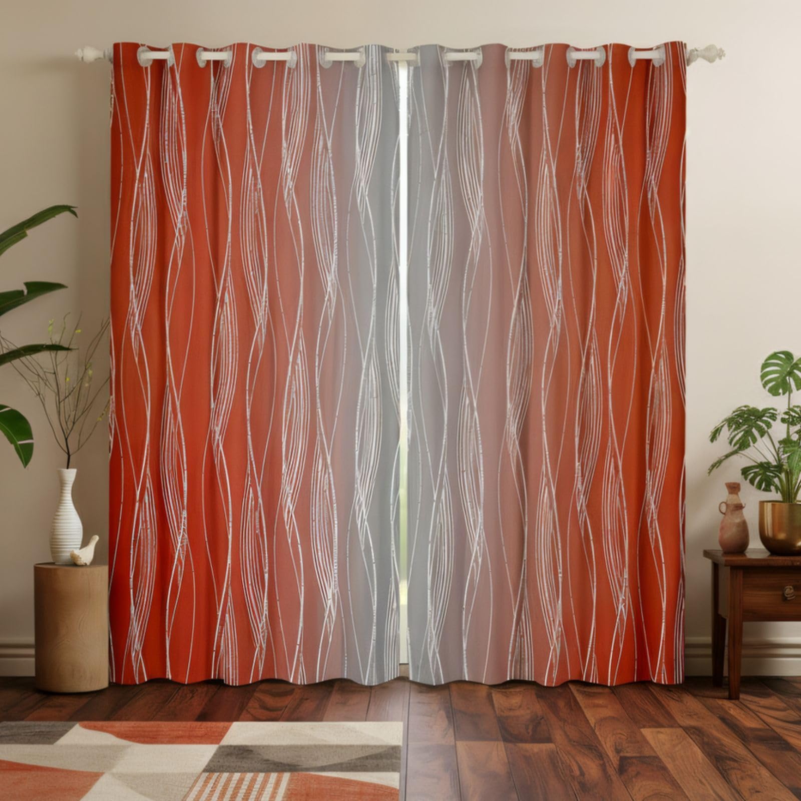 Homewish Gradient Coral And Grey Window Curtains Ombre Orange Gray Blackout Curtains 66" Wx72 L Geometric Striped Curtains & Drapes Silver Wavy Line Window Treatments 2 Panels Room Decor โ image 1
