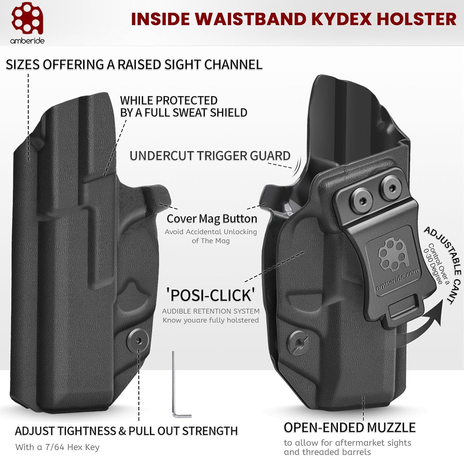 Amberide Glock IWB Kydex Holster for 43/43X MOS, 26/27, Concealed Carry, Adjustable Cant, LC9 Series, LCP MAX .380, Kimber Micro 9