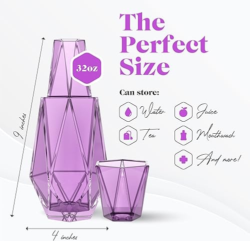 Miniatura 6 de American Atelier Juego de 2 jarras y vasos geométricos modernos, jarra de cristal con tapa de taza, elegante jarra y vaso a juego, oficina en morado