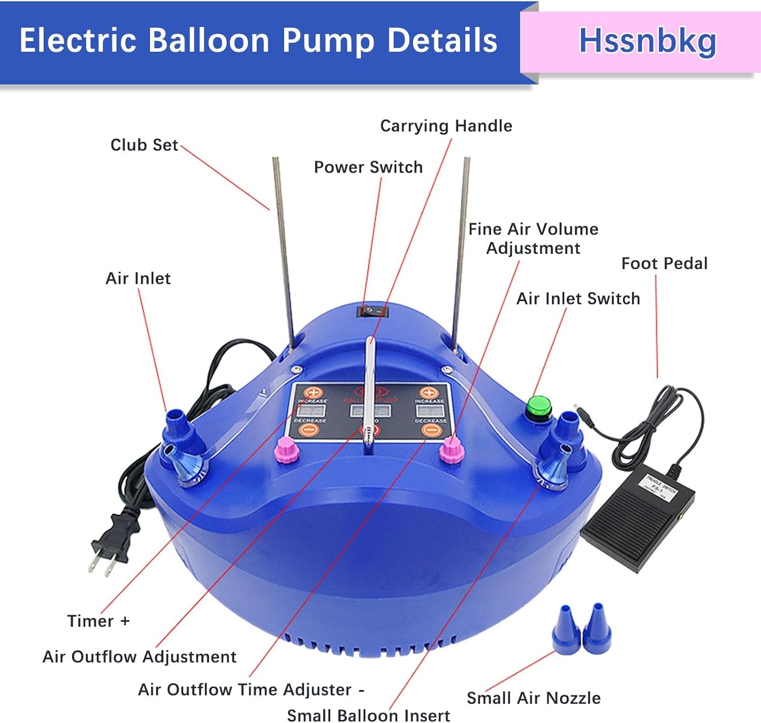 Elektryczna pompka do balonów z cyfrowym timerem (0-999s) i pedałem nożnym, regulowana prędkość, 2 porty, mocny silnik 1200W na przyjęcia i wesela,blue
