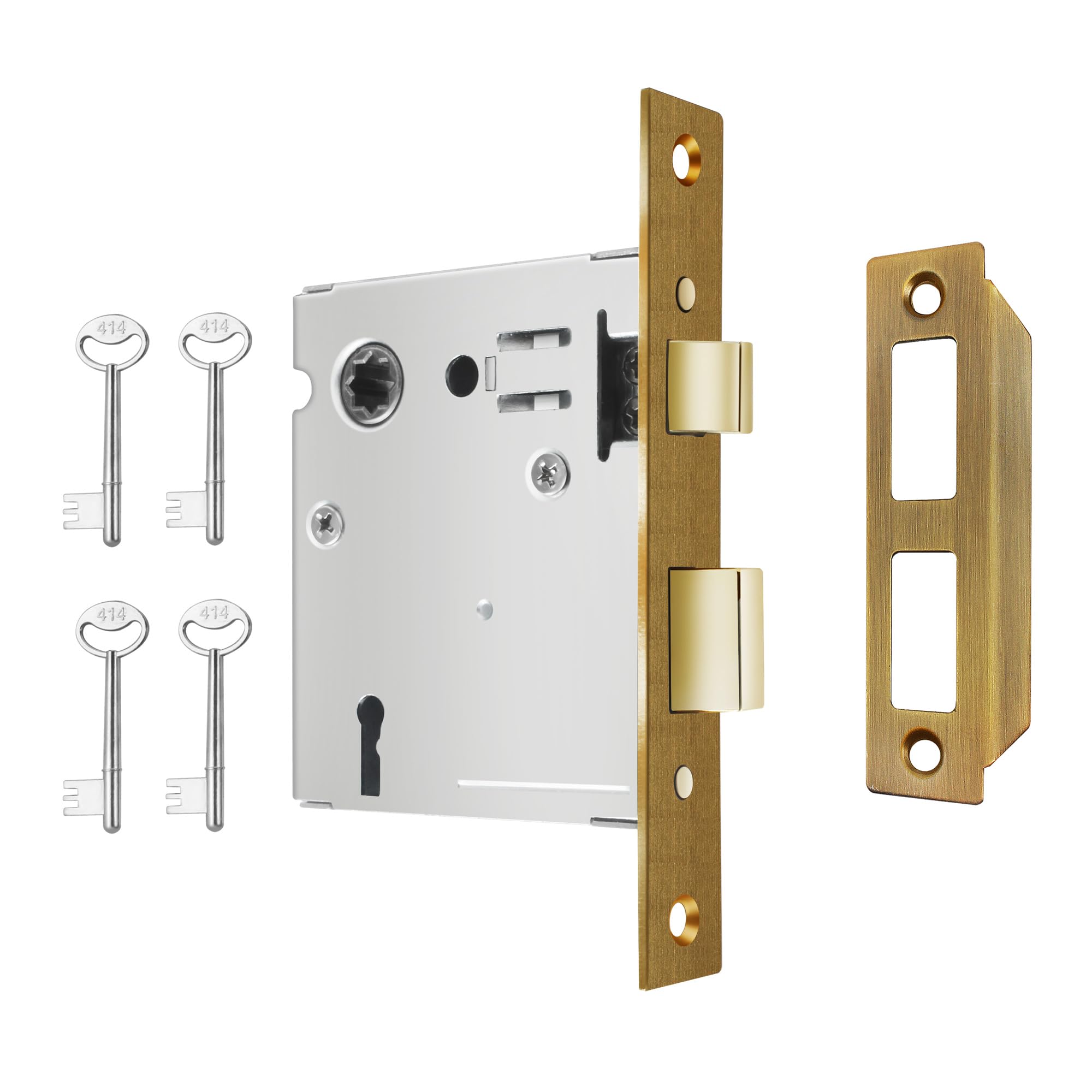 Mortise Lock Set Interior Door, Old Door Lock Replacement Parts, Antique Vintage Door Lock Hardware, Skeleton Keys and Reversible Latch, Mortise Lock Kit, Antique Brass Finish