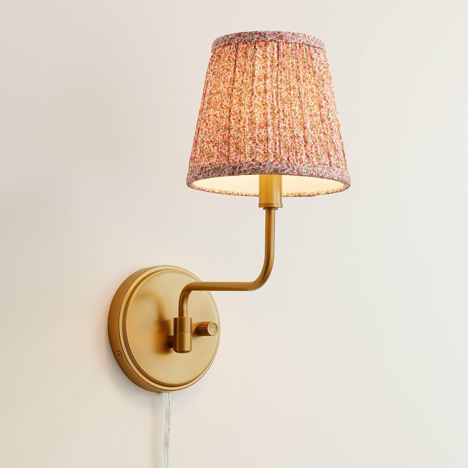 Possini Euro Design Emma 9 1/2" H Warm Brass Plug-in Cottage Core Wall Sconce Pink Floral Pleated Shade