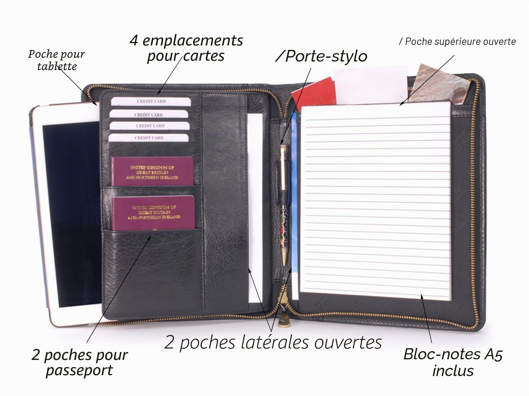 Catwalk Collection Porte Document Cuir Femme Portefeuille de Voyage Zippé avec A5 Bloc-Note Pochette Pour Tablette Noir
