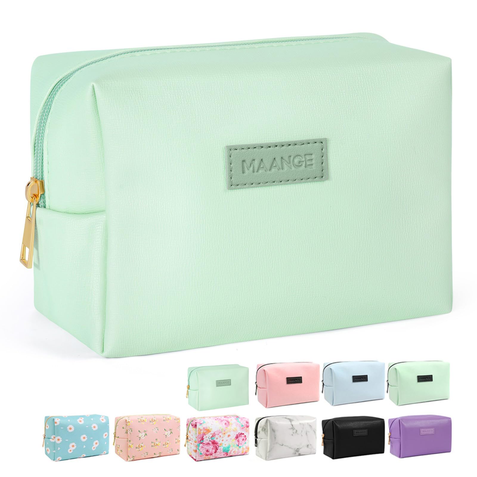 MAANGE Small Makeup Bag For Purse, Travel Cosmetic Bag Makeup Pouch PU Leather Portable Versatile Zipper Pouch For Women (Green New)