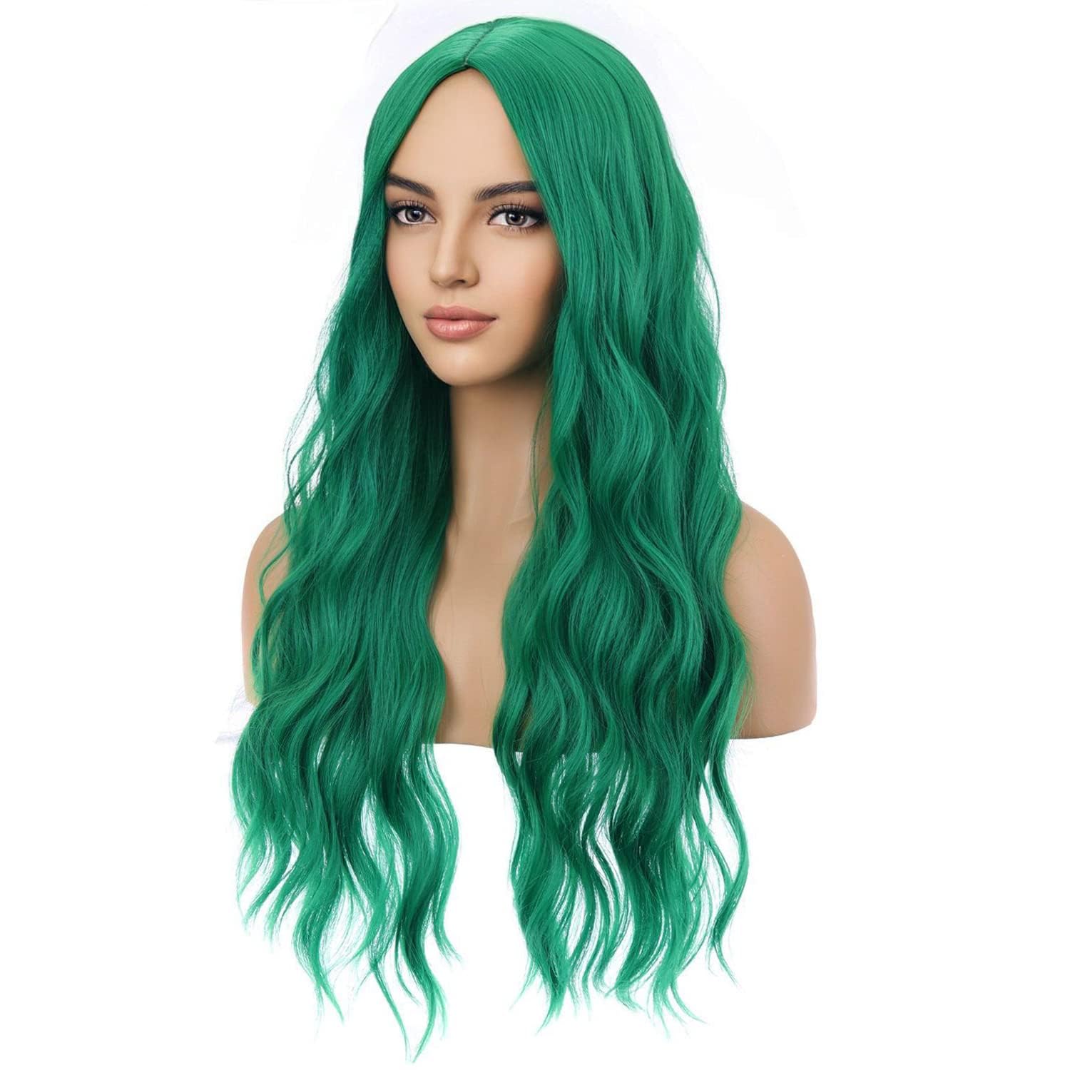BERON Emerald Green Wig Long Curly Dark Green Synthetic Wigs for Women Cosplay Daily Party Hairnet Included
