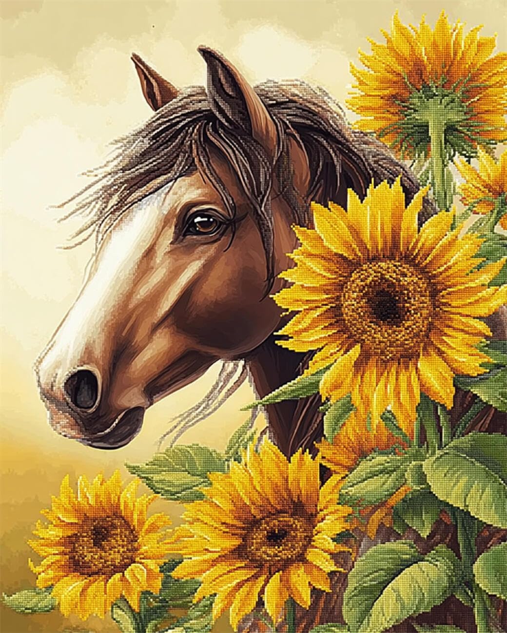 RKFLGEW DIY Seed Bead Embroidery Kits Horse and Sunflower 50x70cm