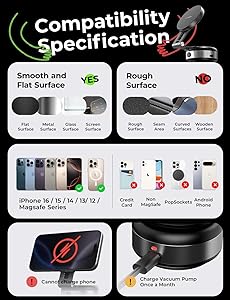 LISEN for iPhone 17 Portable Electric Vacuum Suction Phone Holder for MagSafe, Suction Cup Phone Mount Foldable Only on Mirror/Smooth Surface for iPhone 17 Pro Max Air /16/15/14/13/12