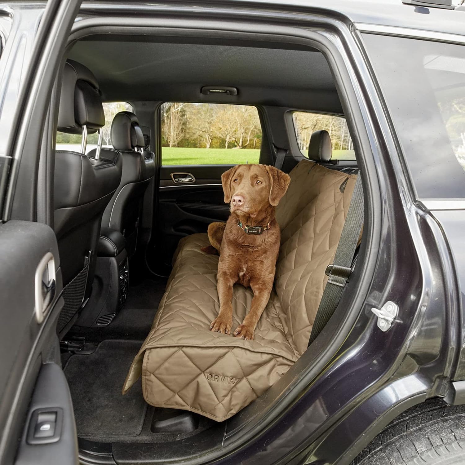 Orvis Grip-Tight Quilted Hose-Off Dog Car Seat Cover for Back Seat - Waterproof Car Seat Protector with Seat Belt Slits, Khaki - Large