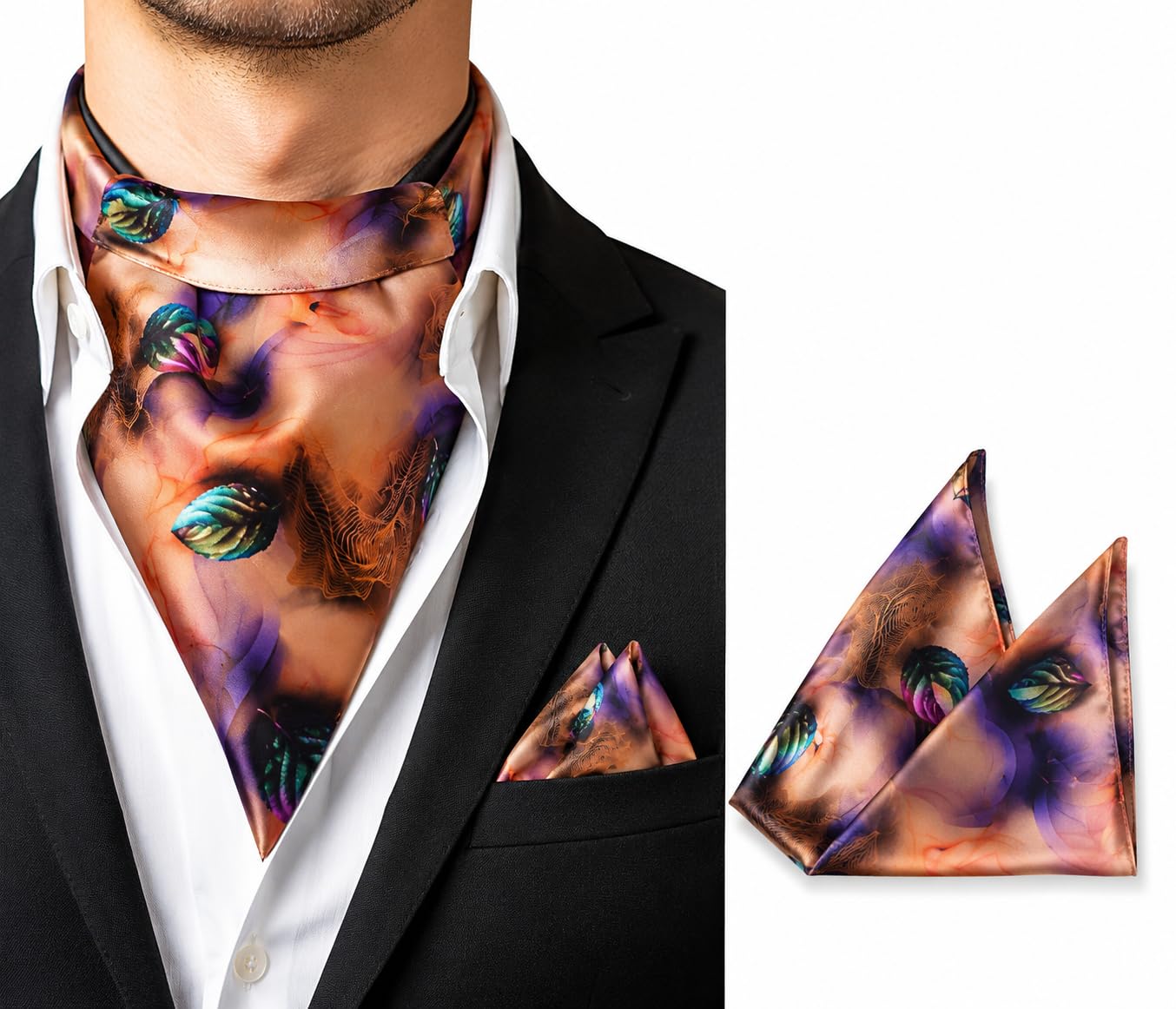 shubhangi collections Cravat for Men, Floral Printed Ascot Tie with Matching Pocket Square Set-picture-51