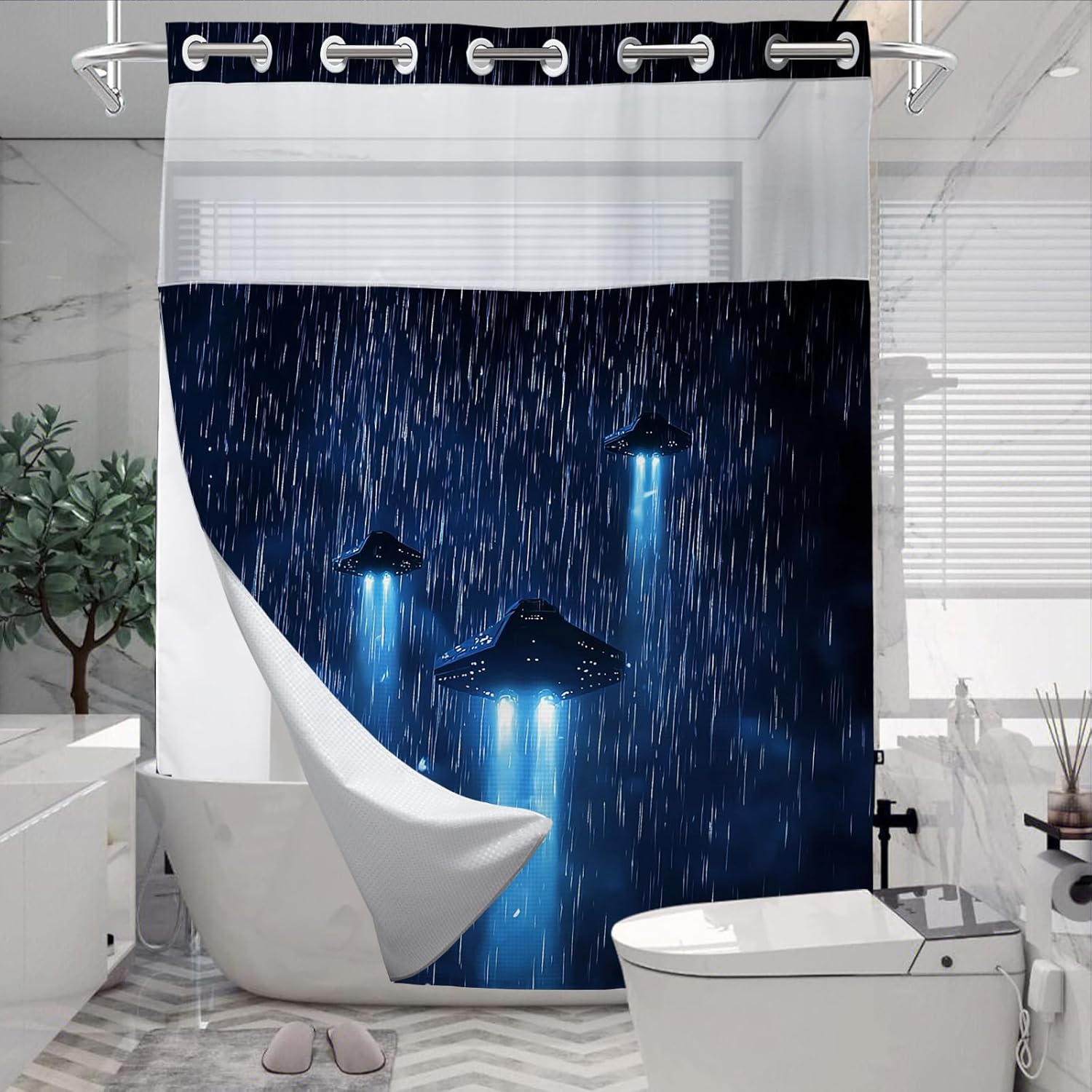 TheBlackSpot Abstract Galaxy Theme No Hook Waffle Weave Shower Curtain with Snap in Liner Aesthetic Airplane Teen Bathroom Decor Set 72 W x 74 H Inch Blue