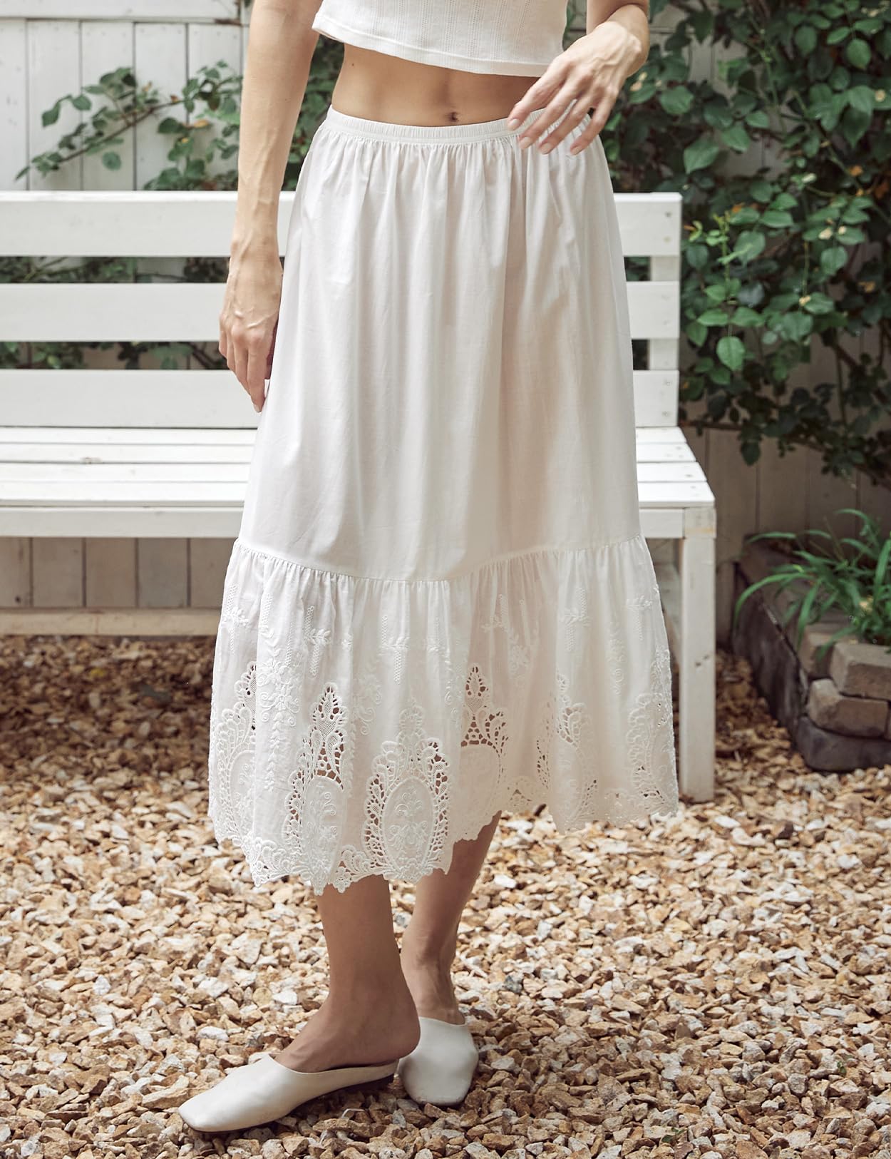 BEAUTELICATE Femme Jupon en Pur Coton sous Jupe sous Robe avec Dentelle Volants Ajourée Fond De Jupe Léger Frais De Été Printemps Midi Longue Blanc cassé