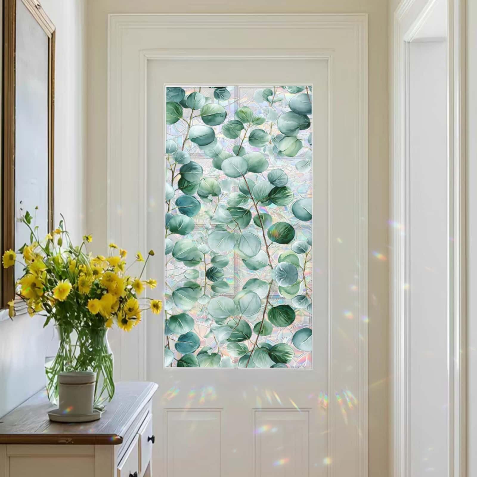 Window Film Privacy 43x100cm Ink Green Leaves Privacy Film for Glass Windows Office Kitchen Living Room Bathroom Opaque Reusable Window Stickers for Glass
