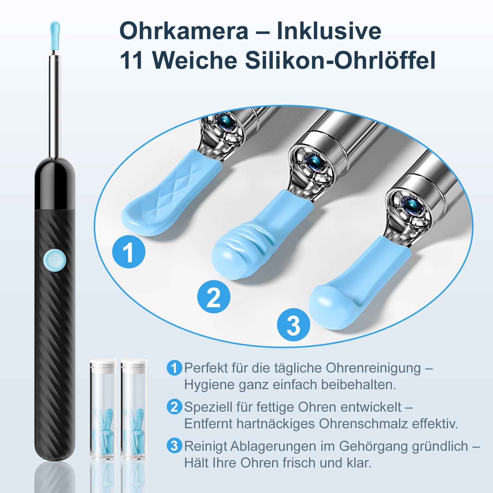 Ohrenschmalz Entferner Otoskop - 1080P HD Ohrenreiniger mit Kamera und 6 LED Lichtern - Ohrreinigungswerkzeug mit 7-teiligem Zubehörset und 11 Silikonaufsätzen - Ohrkamera für iOS & Android