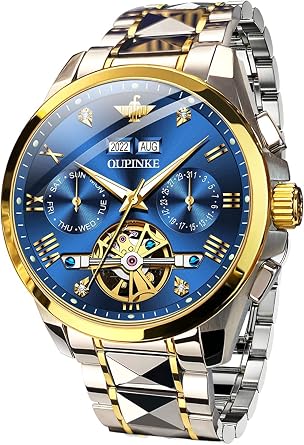 OLEVS Men Skeleton Watch Automatic Mechanical Self Winding Sapphire Crystal Luxury Dress Tungsten Steel Waterproof Two Tone Strap