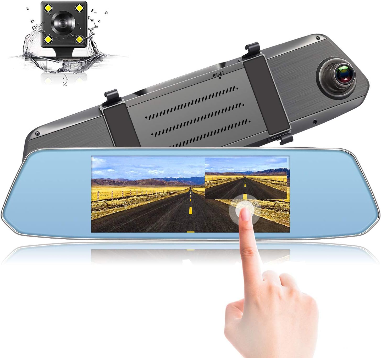 Trohestar Backup Camera, Mirror Dash Cam 7 inch Touch Screen 1080P Wide Angle Rearview, Front and Rear Dual Lens with 720P Waterproof Rear View Reversing Camera