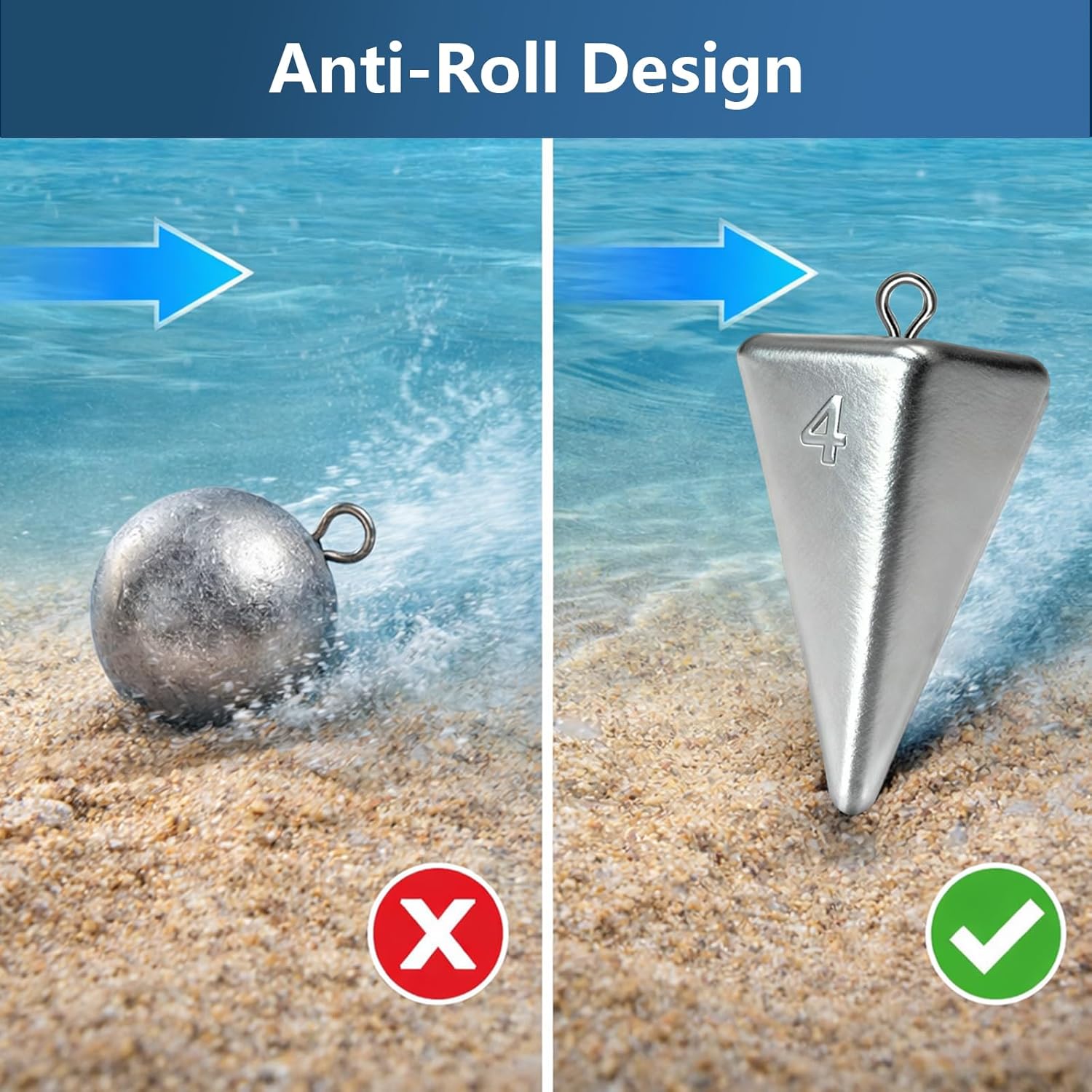 Pyramid Fishing Sinkers and Sinker Slider Set -1oz/2oz/3oz/4oz Surf Casting Saltwater and Beach Fishing with Excellent Bottom Hold, Pure Lead Weights