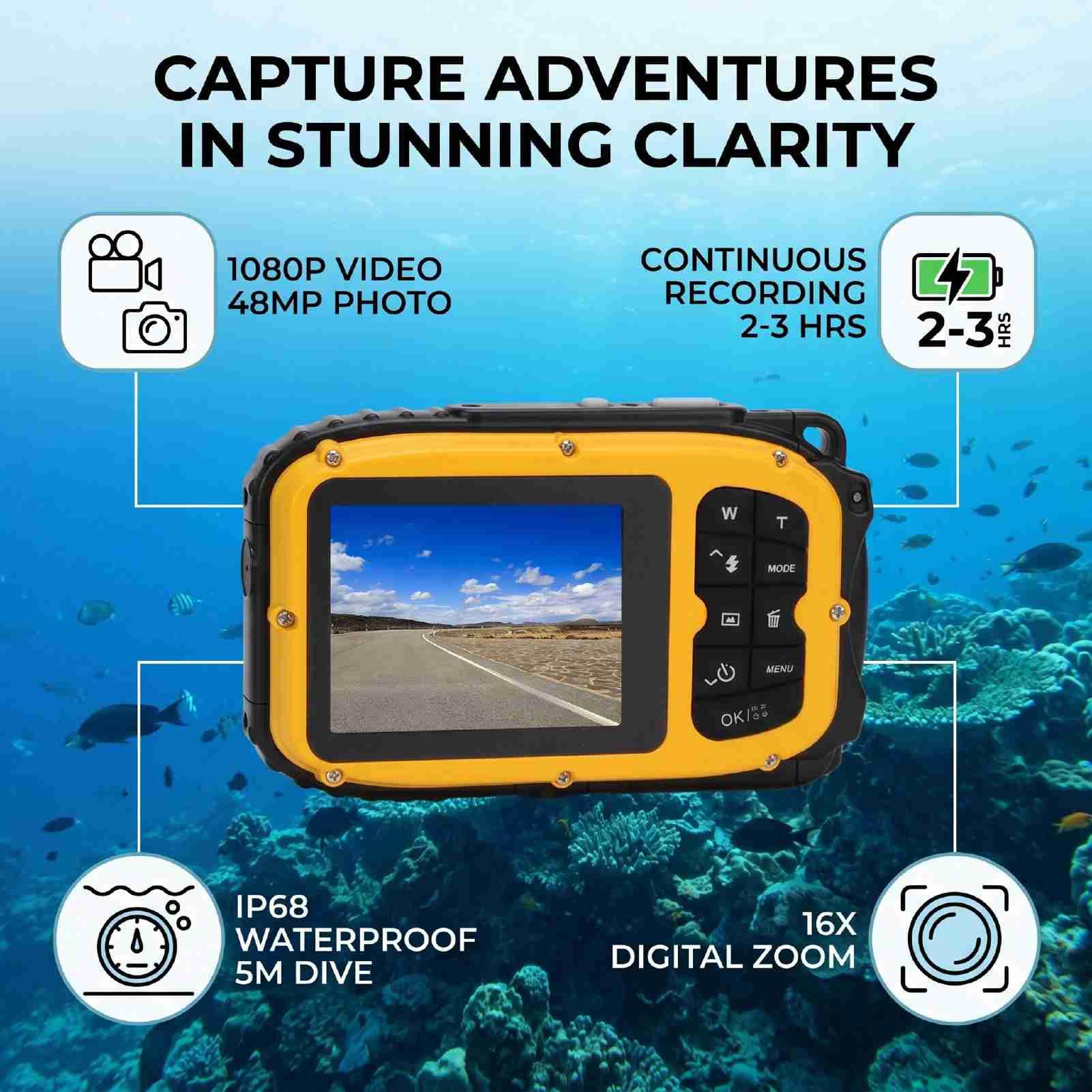 XUMIUZIY Fotocamera Subacquea 1080P 48MP, Resistente all'Acqua 5M, con Schermo Selfie (Yellow)
