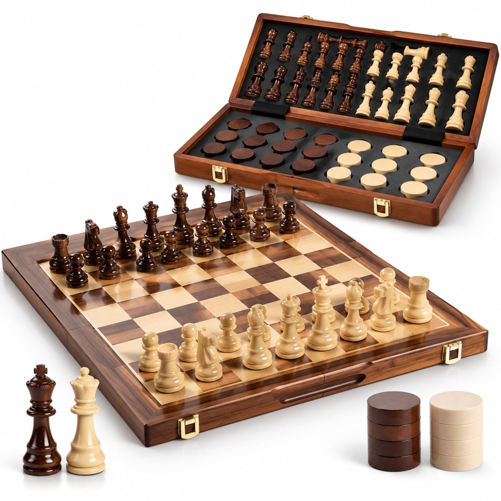 Jeu d'échecs magnétique en Bois, Ensemble 2 en 1 échecs et Dames, échiquier Pliable pour Voyage et soirée Jeux