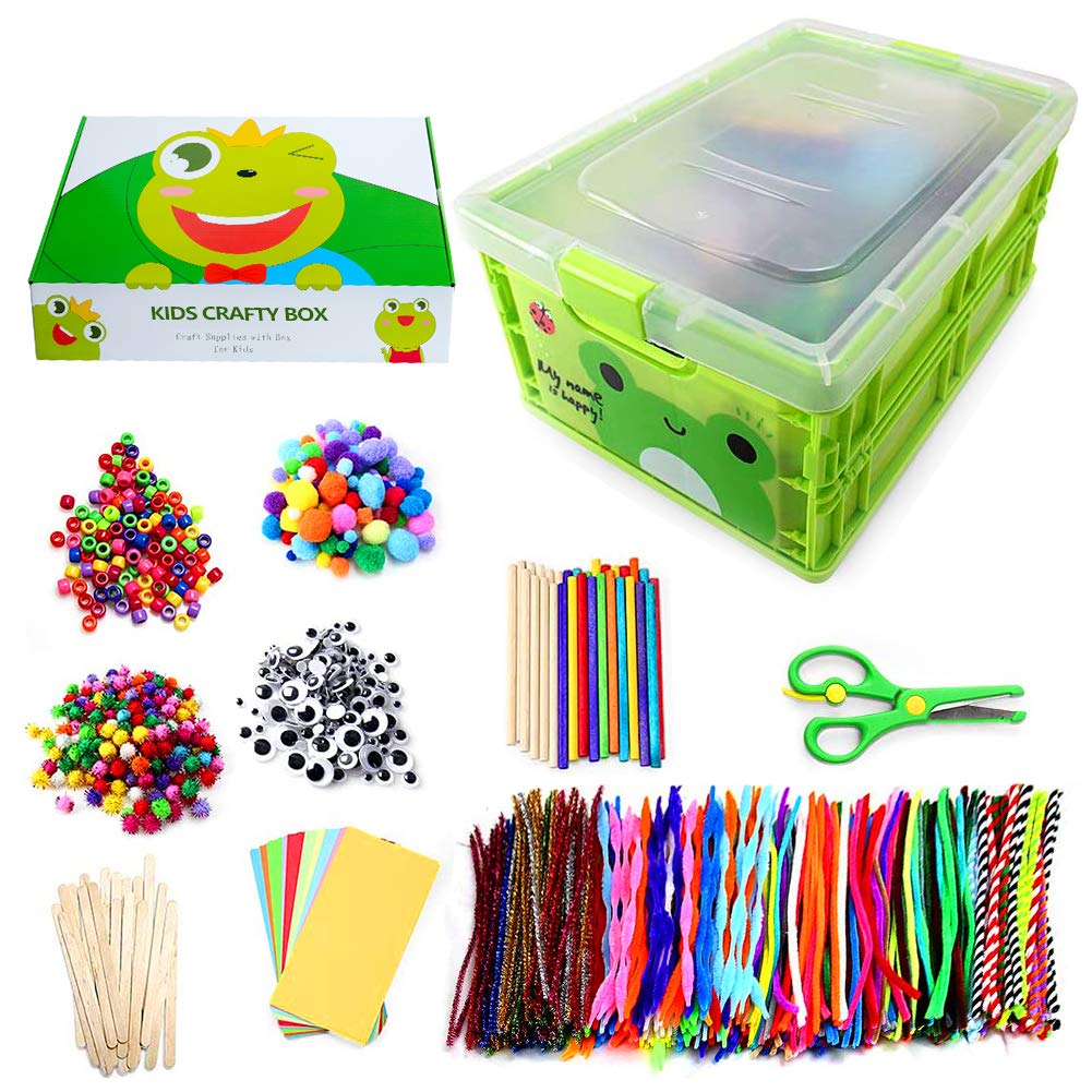Arts and Crafts Supplies for Kids with Storage Box, 1150+ Pcs Googly Eyes Pompoms Sticks Pipe Cleaners Colourful Paper Glitter Glue and More, Aged 3+
