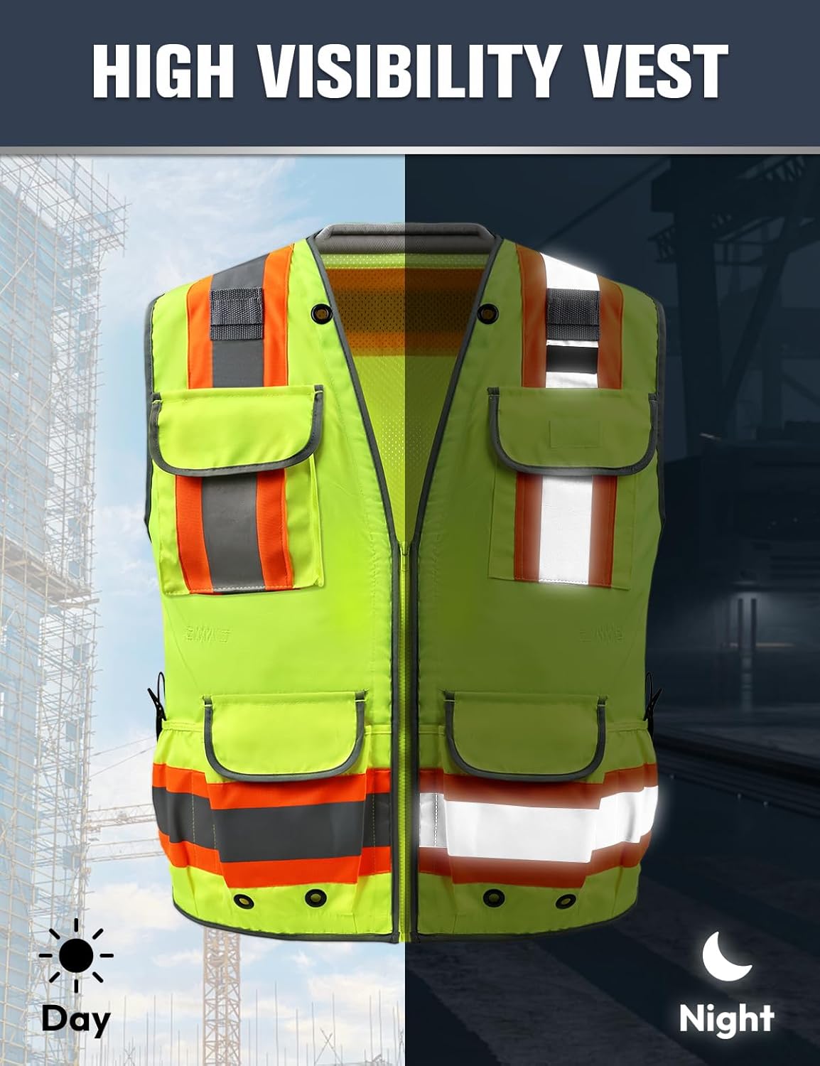 Safety Vest, Hi Vis Vests with Pockets, Class 2 High Visibility Vests,Construction Surveyor Work Vest for Men Women - Image 7