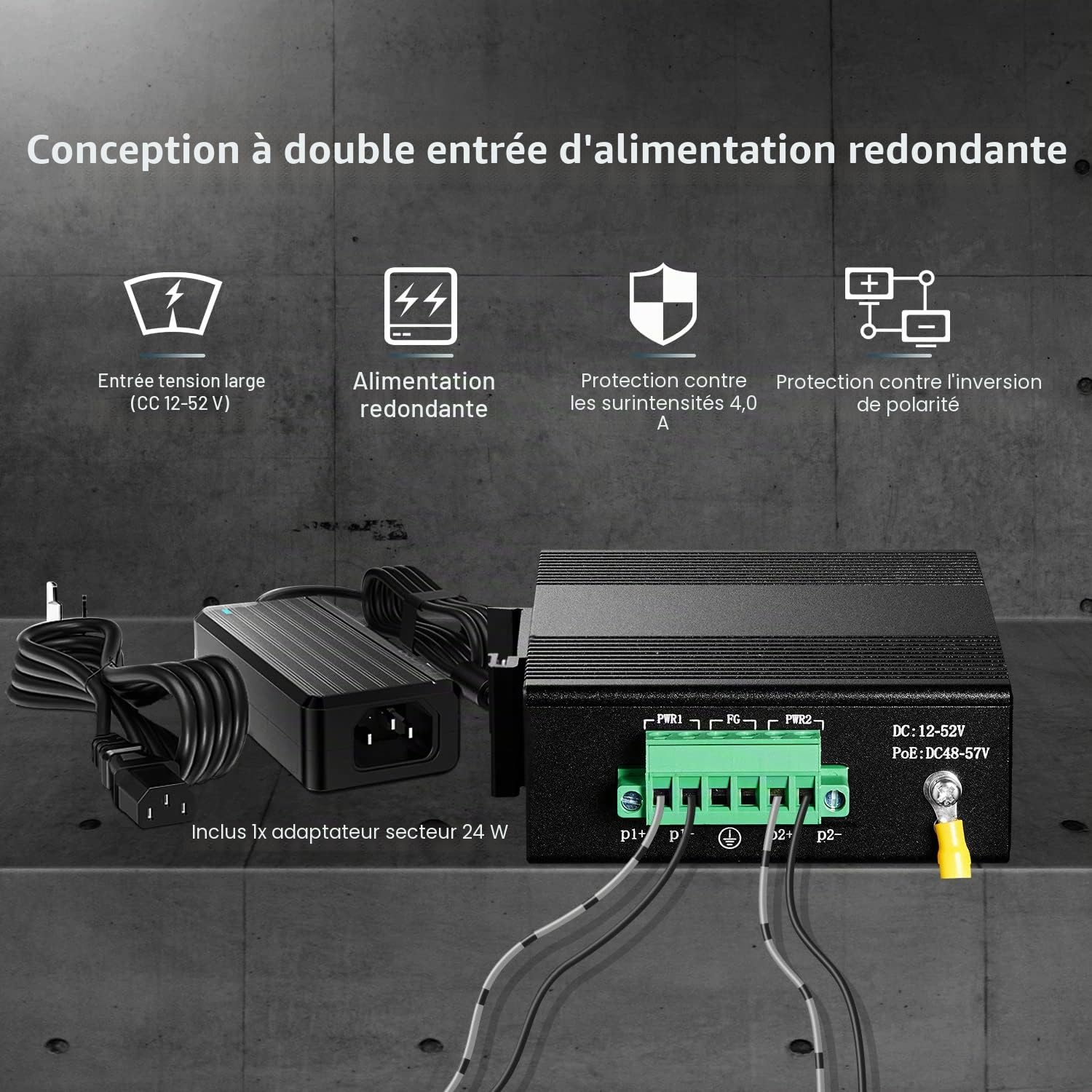 Binardat Switch Ethernet Industriel 5 Ports sur Rail DIN, 4 Ports et 1 Liaison Montante 10/100 Mbps, Montage Mural sans Ventilateur, avec Une Alimentation