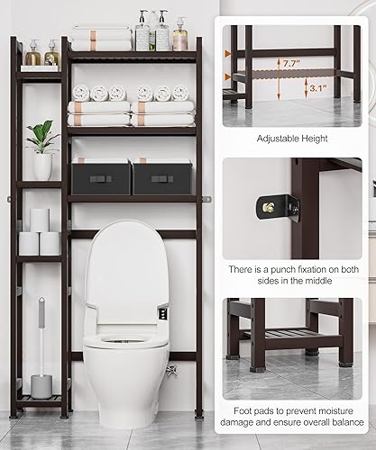 Vista 5 de Homde Over The Toilet Storage with Basket and Drawer, Bamboo Bathroom Organizer with Adjustable Shelf & Waterproof Feet Pad, Space Saver Rack for