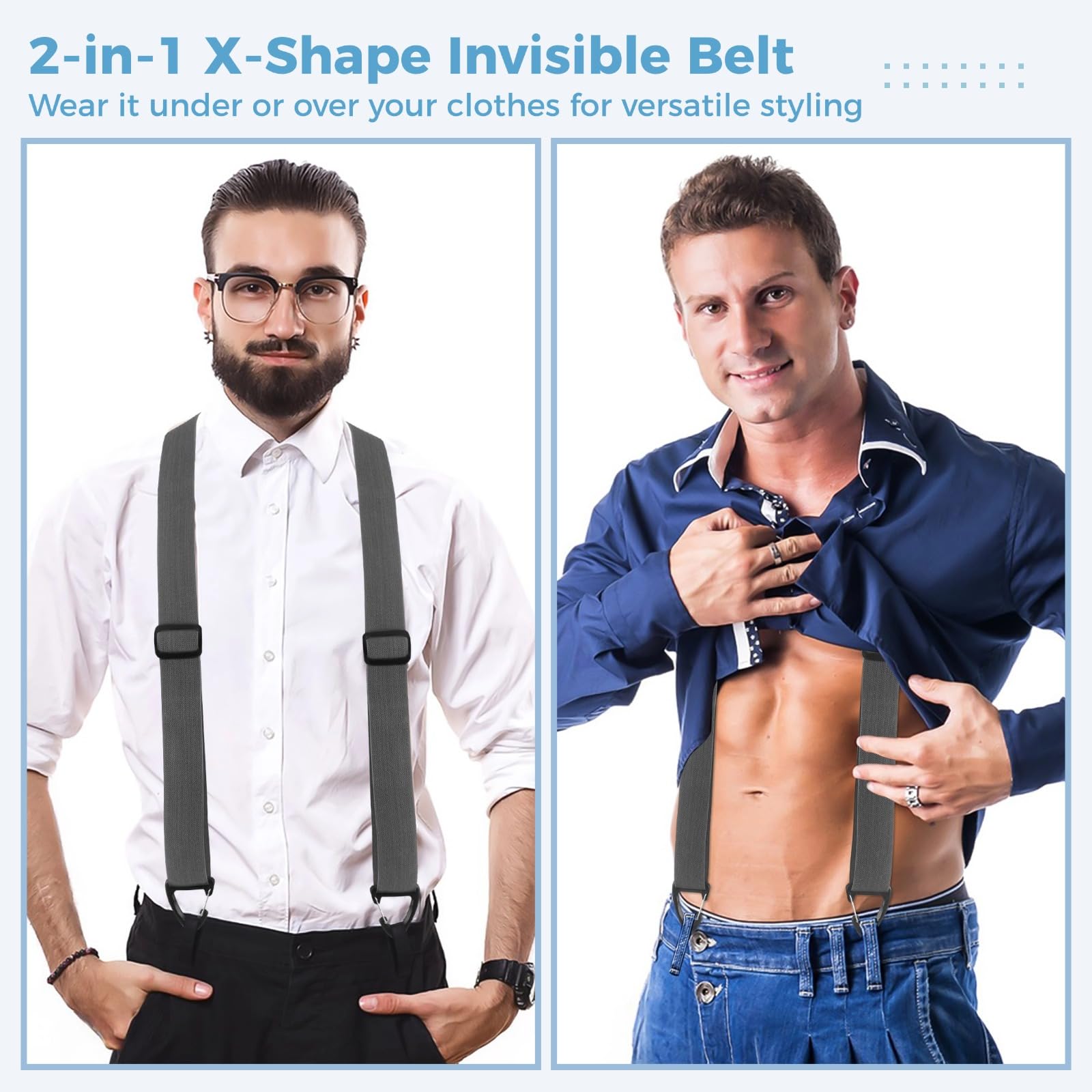 4 tirantes para hombre, tirantes elásticos ajustables con espalda en X con 4 clips de mosquetón, cinturón invisible debajo de la ropa para montañismo, uso casual, pantalones cargo, controles