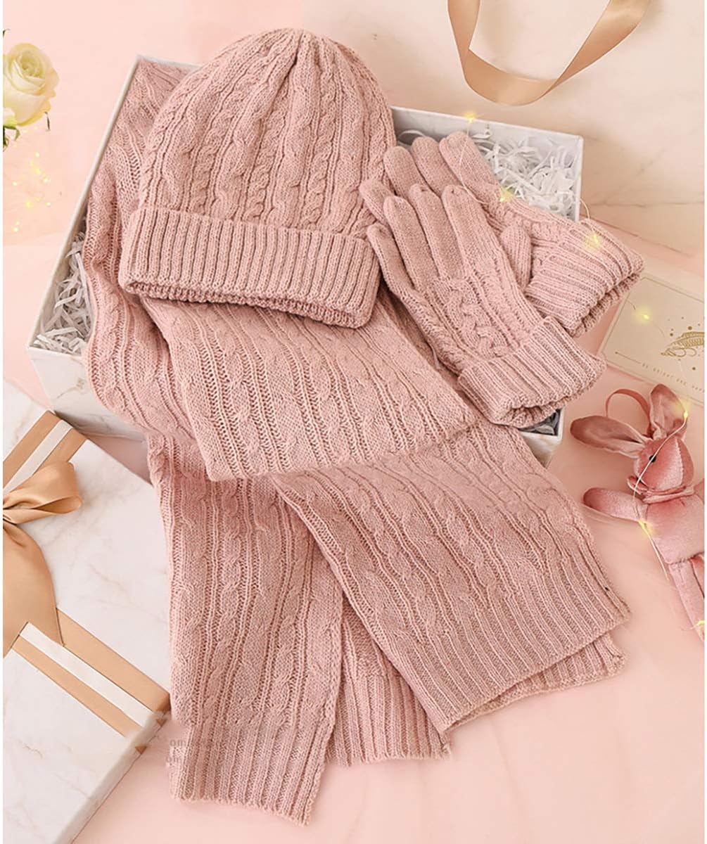Knitted Beanie Hat Scarf Full Hand Glove Sets Knit Wool Skull Cap Solid Color for Cold Weather Winter