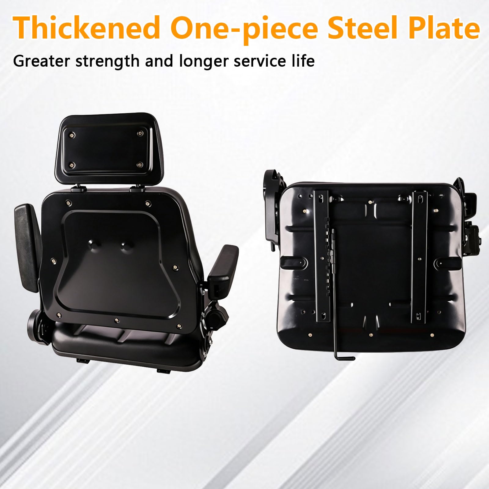 Asiento universal para montacargas, asiento de tractor con respaldo ajustable de 35°–180°, guía deslizante, apoyabrazos plegables y desmontables, cinturón de seguridad retráctil para montacargas
