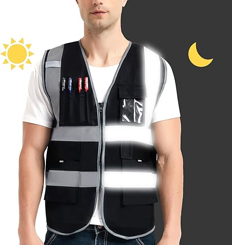 Miniatura 5 de VICRR Chaleco de seguridad para hombres y mujeres con bolsillos, chaleco de seguridad reflectante amarillo rosa, negro y azul, chaleco de seguridad