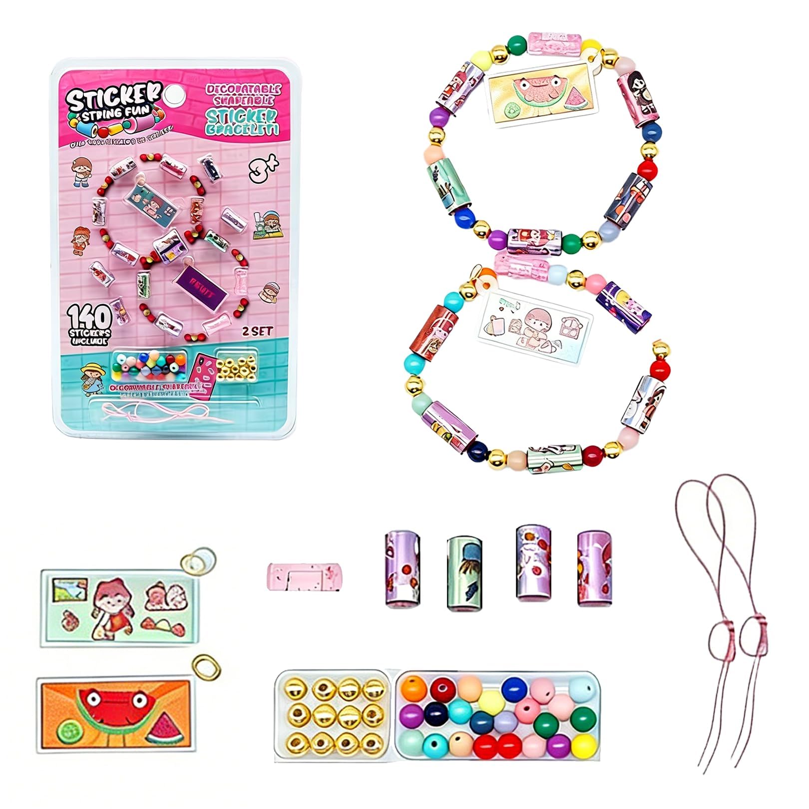 Sticky Rolls Bracelet,Plastic Sticker Roll Bracelets Series for Kids,Ready Making DIY Creative Craft Sticky Kit for Age 3+ Girls,140 Mini Holographic Stickers 2 Pendants 2 Friendship Bracelet,Reusable