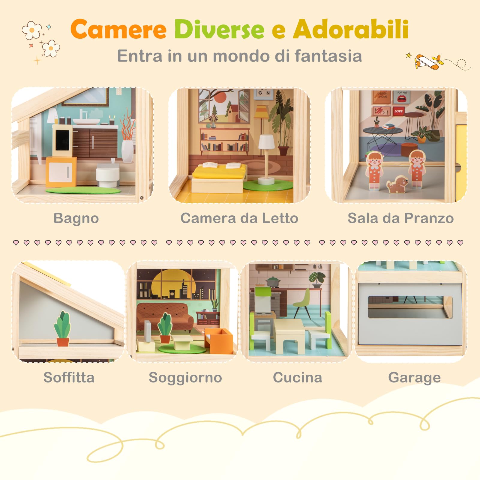 COSTWAY Casa delle Bambole in Legno, Casa Bambole con 4 Piani, 7 Stanze, Garage e Scale, Casetta Giocattolo Educativo con 18 Mobili Accessori e 3 Figure, per Bambini 3+ Anni, 60 x 30 x 75 cm