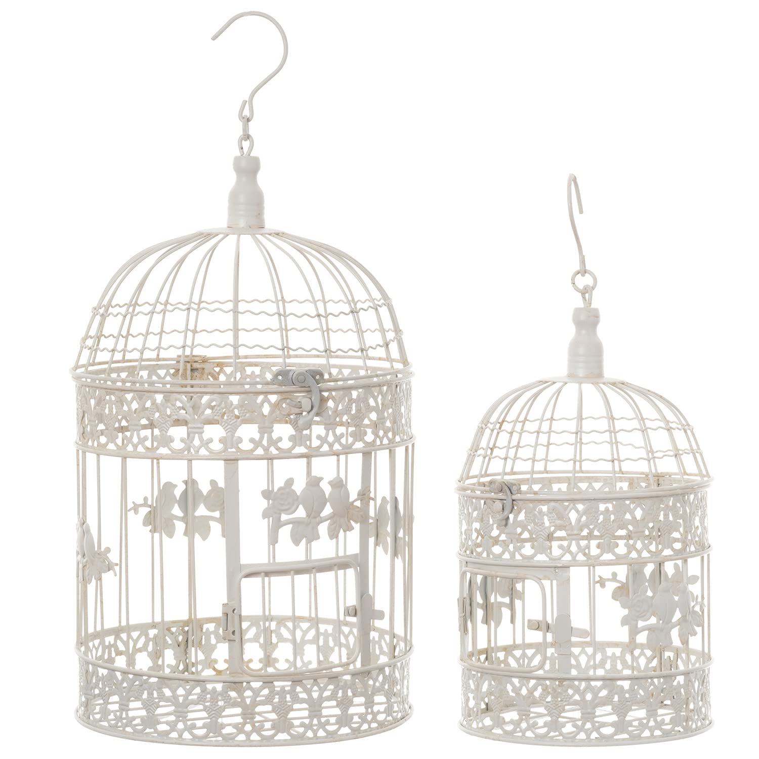 Moritz Jaula decorativa para pájaros, color blanco, redondo, 2 unidades, decorada con pájaros, jaula decorativa para flores, velas, decoración colgante, portavelas