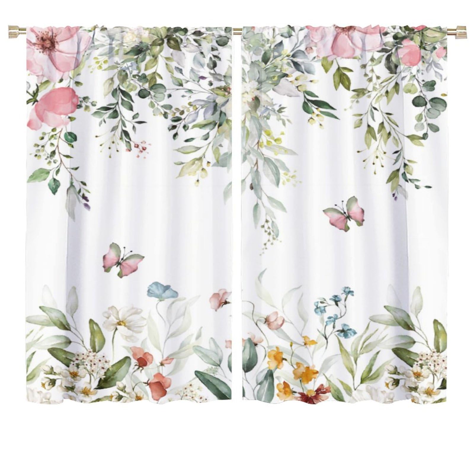 DDCBNS Pink Floral Curtains Watercolor Flower Leaves for Women Girls Bedroom Rustic Green Plants Spring Nature Living Room Rod Pocket Drapes Fabric 2