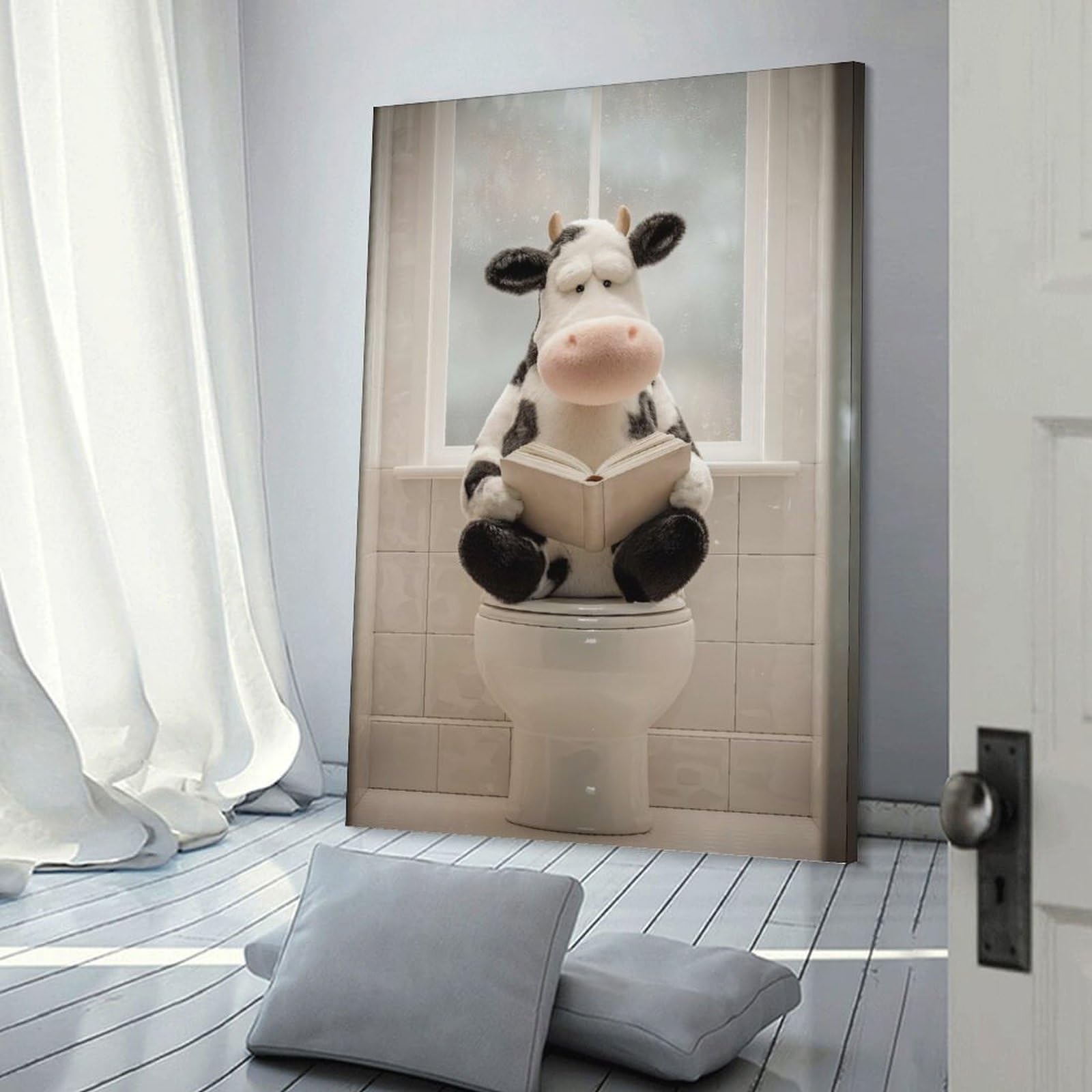 Junmoney Wall Picture Print Cow Reading on Toilet Poster, Picture, Metal Print, Paint by Creed, 20x30inch(50x75cm), for Apartments, Flats Or New Home Decor, A Simple Refresh for Blank Walls