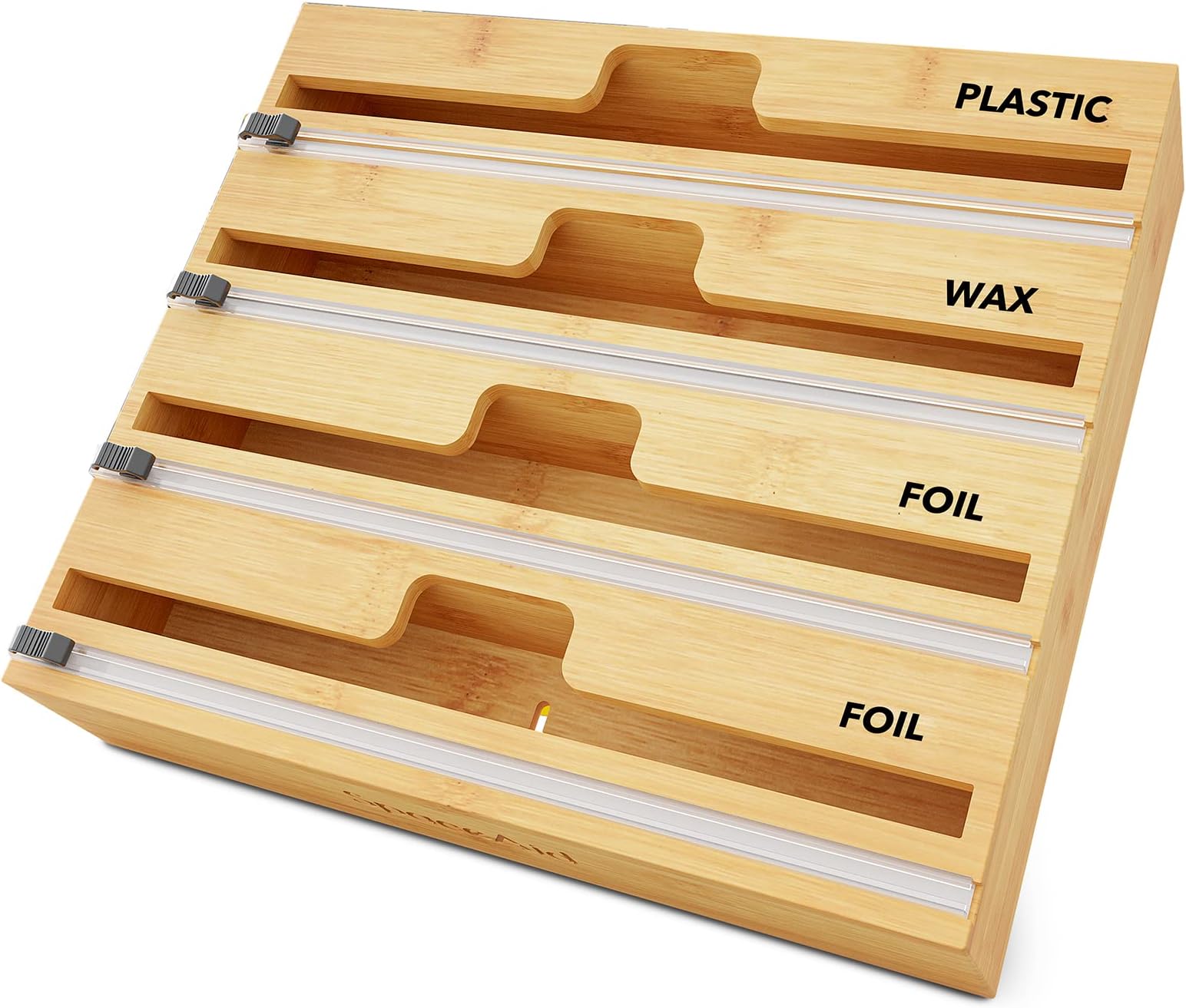 SpaceAid WrapNeat 4 in 1 Wrap Dispenser with Cutter and Labels, Plastic Wrap, Aluminum Foil and Wax Paper Dispenser for Kitchen Drawer, Bamboo Roll Organizer Holder, Compatible with 12" Roll