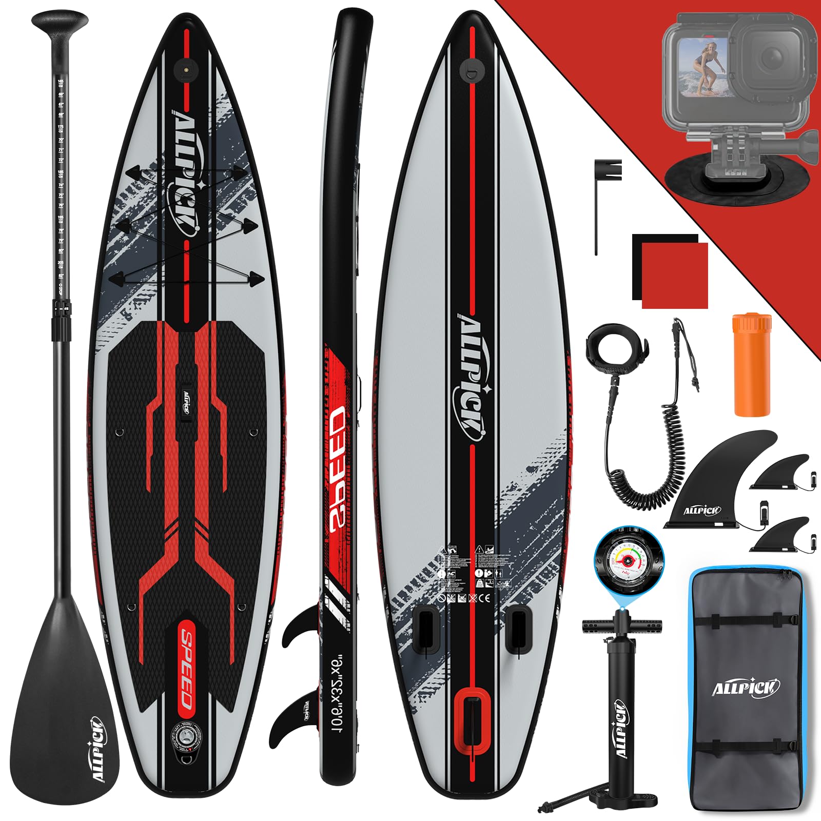 ALLPICK Sup Gonfiabile, Stand Up Paddle Board Gonfiabile, Con Supporto Universale per Fotocamera, Accessori Completi, Tavola da Sup Surf, Principianti e Avanzati, 150kg/180kg