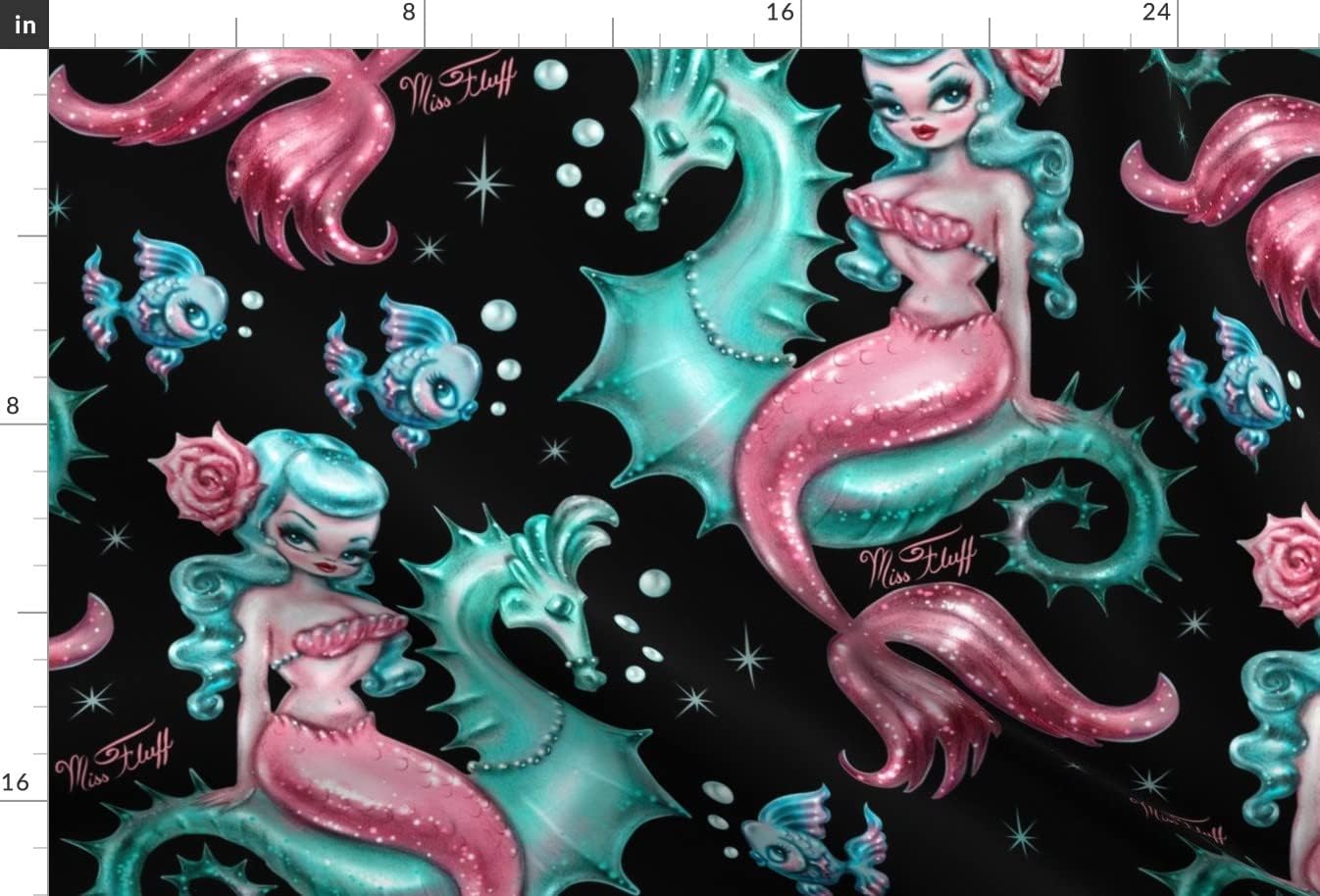Spoonflower Fabric - Mermaid Black Large Vintage Retro Mermaids Seahorse Nautical Sea Printed on Minky Fabric by The Yard - Sewing Baby Blankets Quilt Backing Plush