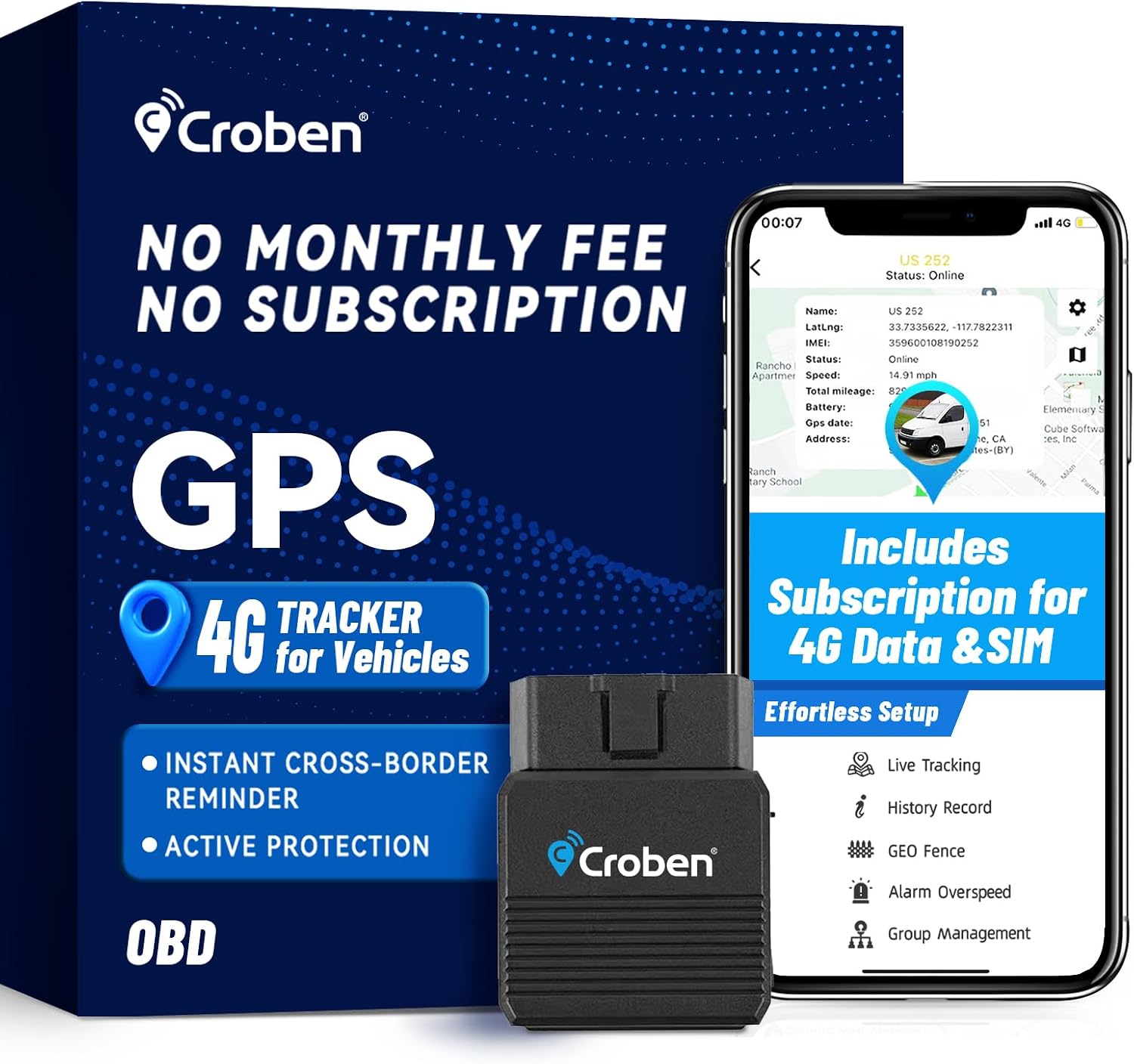GPS Tracker for Vehicles No Monthly Fee No Subscription Real-Time Tracking | 4G SIM & Data Included,OBD,Geofence,Trip & Route History, Overspeed Alarm,for Fleets & Families(3 Years)