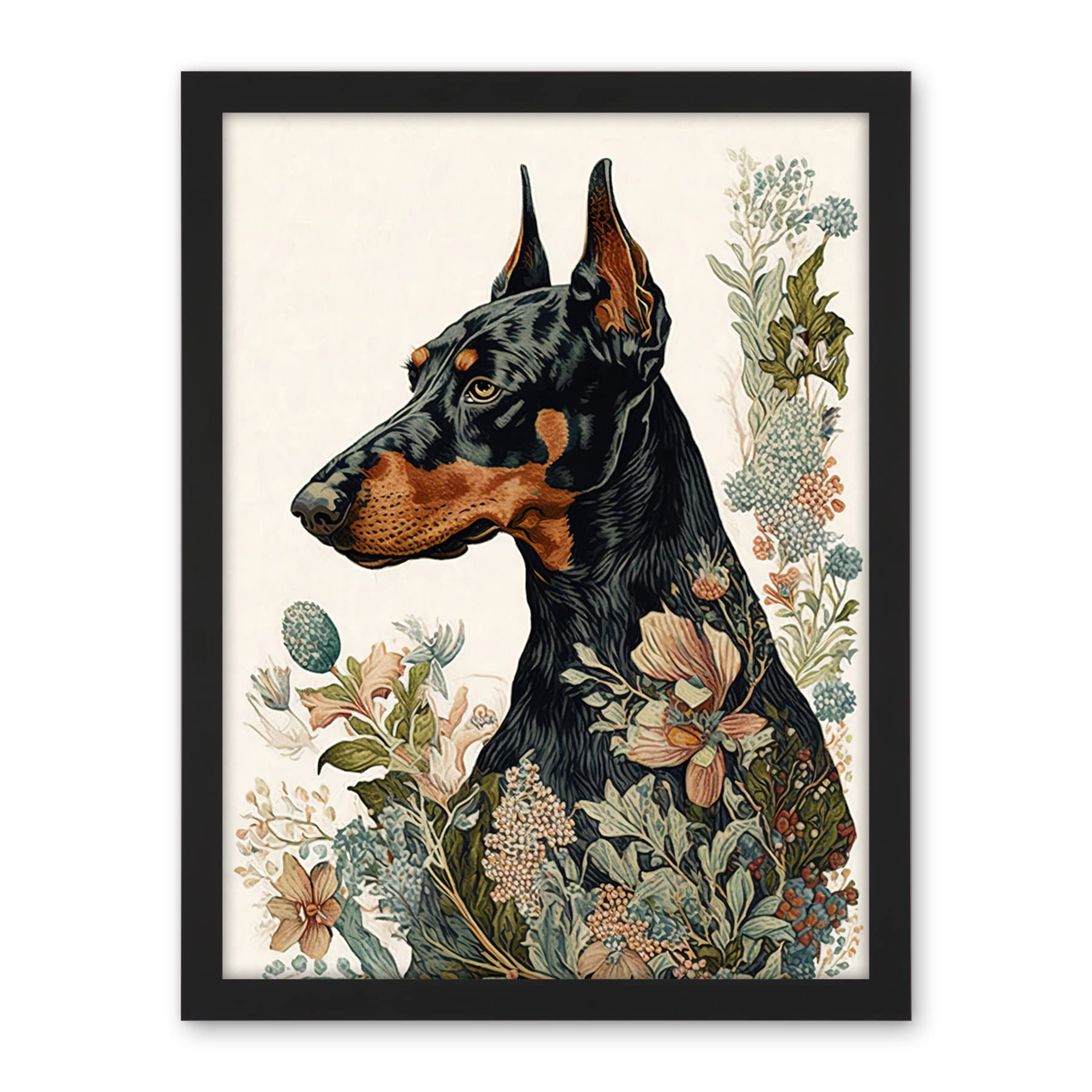 Artery8 Doberman Dog with Wild Flowers Boho Watercolour Illustration Artwork Framed Wall Art Print 18X24 Inch