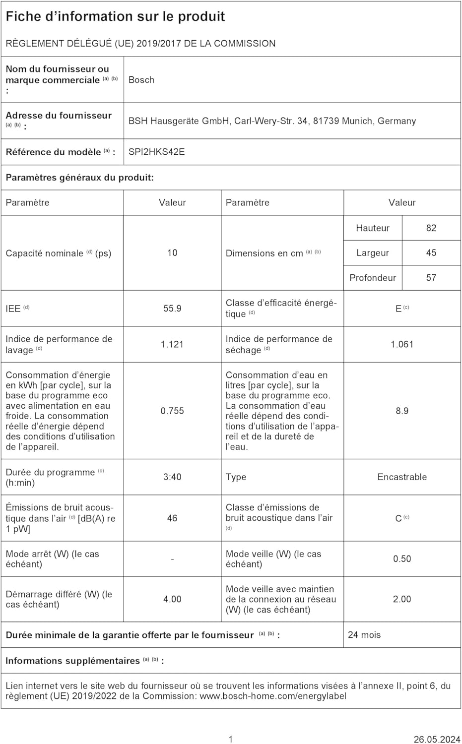 EU Energy Label for Bosch SPI2HKS42E dishwasher, showing E energy class, 76 kWh/100 cycles, 10 place settings, 8.9 L water, 46 dB noise, and 3:40 Eco program duration.