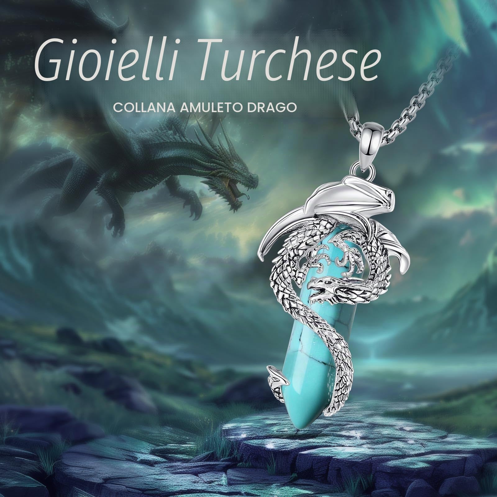 Argento Placcato Collana con Drago Rame per Donna, Cristallo Curativo Ossidiana/Quarzo Rosa/Ametista/Malachite/Turchese Ciondolo Amuleto Protezione Regalo Gioielli, 22"