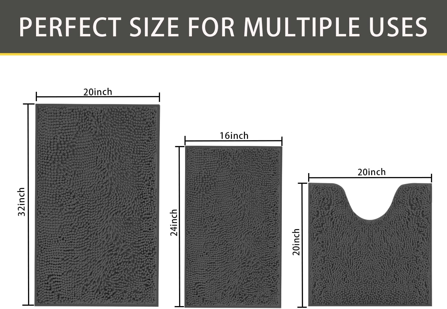 Bathroom Rugs Sets 3 Piece,Bath Mats for Bathroom Non Slip, Thick Chenille Bath Rug,Soft and Absorbent Shaggy Bathroom Mat Set Machine Wash & Quick Dry Durable Carpet for Bath, Kitchen,Dark Gray - Image 2